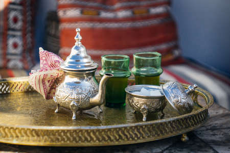 Arabian Mint. Tea Moroccan Mint Tea. The national hot drink in the Middle East and the Muslim world. Served in a special iron silver teapot with sugar.の写真素材
