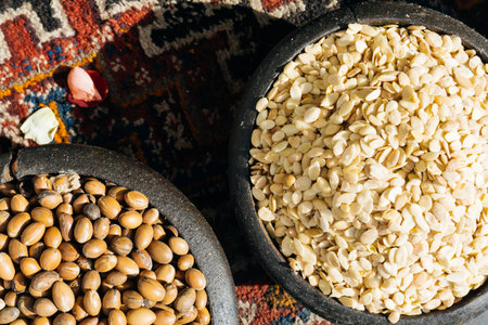 ARGAN SEEDS AND ARGAN NUTS. Making of argan oil from argan nuts and seeds in Morocco