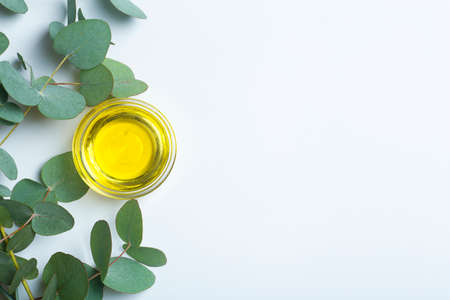 Eucalyptus oil background. Eucalyptus leaves and oil as a base for cosmetics and medicineの写真素材