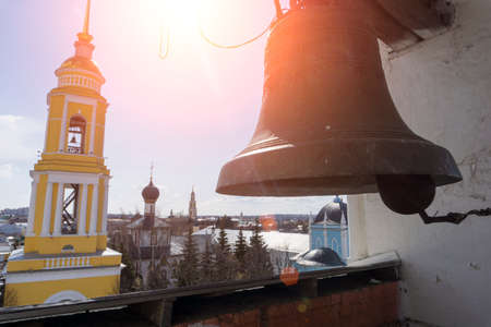 Bells in the temple of the Russian Orthodox Church. Bell tower of a Christian churchの写真素材