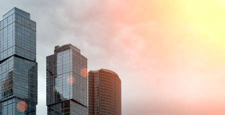 Moscow, Russia - April 24, 2021:Business skyscrapers and modern office buildings of Moscow City against the sky with sunlight. Business and economics backgroundのeditorial素材