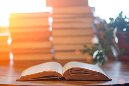 Book background. Blurred open book on a table in a university or school library in the sunlight from the window. Reading, literature, study and knowledge concept. High quality photoの写真素材