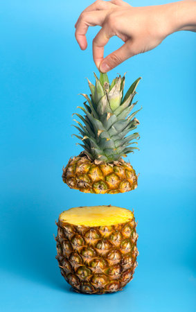 Hand holds pineapple on a colored blank background. Tropical fruits, vitamins, juice, summer...