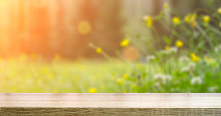 Summer meadow table background. Sunny spring blurred meadow with wooden table background.の写真素材