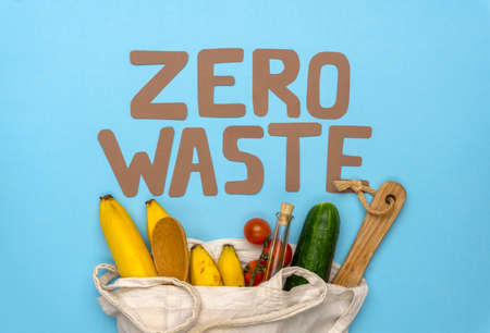 Zero waste inscription on a blue background. Environmental movement to reduce plastic wasteの写真素材
