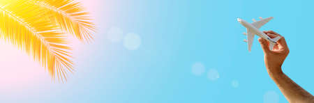 Flying plane on the blue sky banner background and tropical leaves. A toy plane in hand flies to travel. Summer, vacation, travel, relaxation, tours and flights concept. high quality photoの写真素材