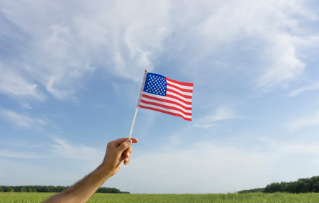 US flag in hand. Festive USA flag in hand against blue sky and summer natural landscape. American...