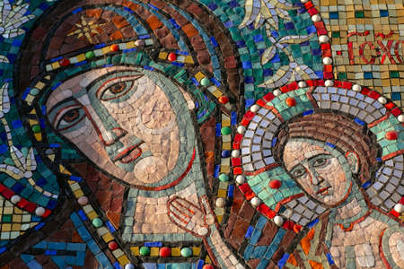 Orthodox mosaic icon of the Virgin (Holy Virgin Mary) on the wall of an Orthodox church in Moscow.の写真素材