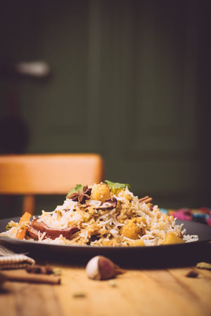 Biryani rice (Vegetable biryani). Indian basmati rice, curry vegetables and spices. Indian cuisine.