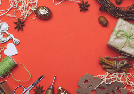 Christmas eco background with gifts. Craft paper and wood. Xmas and New Year composition.の写真素材