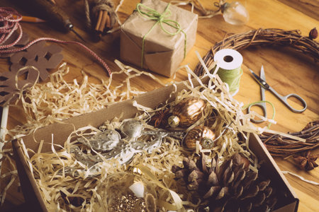 Zero waste Christmas, eco background with gifts. Craft paper and wood. Xmas and New Year...