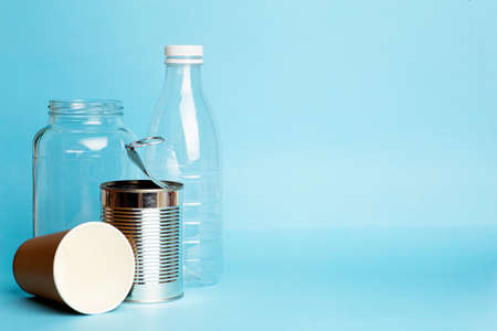 Recycling of plastic, metal, plastic and paper. Environmental pollution and waste recycling. Separate garbage collectionの写真素材
