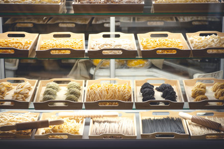 Fresh pasta. Handmade homemade Italian pasta made with fresh ingredients, eggs and wheat flour in a cafe windowの写真素材