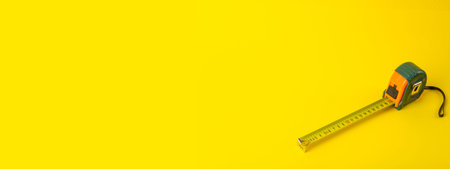 Repair, construction and tools background. Measuring tape on a yellow background. Copy space