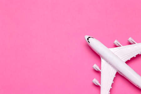 Travel minimal background. Model airplane in flight on an empty colored background. Copy space.の写真素材