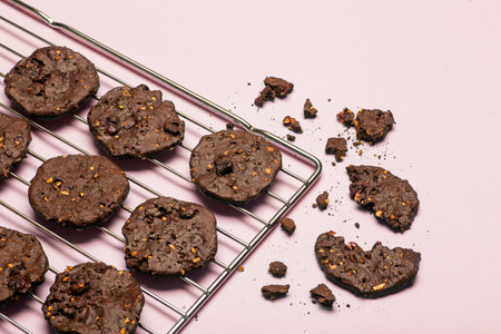 Homemade gluten-free chocolate chip cookies with cereals, nuts and organic cocoa. Cookies and...
