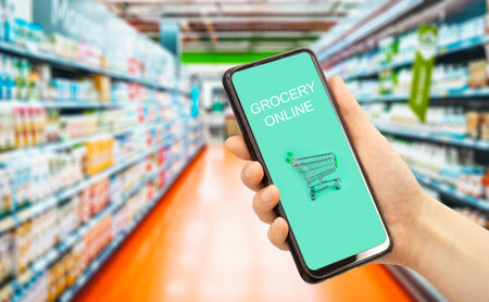 Online grocery delivery app in a mobile phone. Food market service in smartphone with shopping cart....