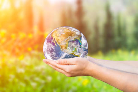 Environmental protection and nature conservation concept. Planet earth in female hands on the background of nature forest. Elements of this image furnished by NASAの写真素材