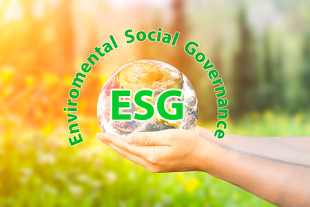 ESG modernization environmental social governance conservation and CSR policy. Planet Earth in hands...