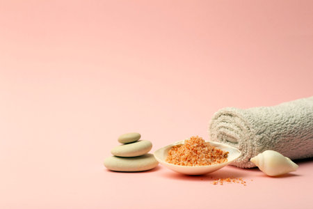 Saved the background. Pink background for spa and bath with a flyer, aromatic salt. Relaxation, massage and body care conceptの写真素材