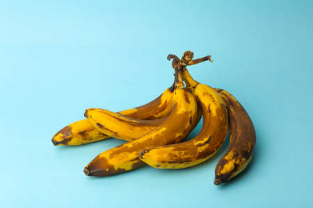 Ripe bananas on a blue background. Ripe tropical fruits, food still life conceptの写真素材