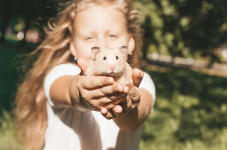 Girl with a hamster in nature. Cheerful happy child girl with pet hamster plays in the backyard of the house in summer. Love, care, tenderness concept.の写真素材