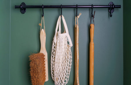 Zero waste concept. Eco friendly string bag and reusable wooden household items without plastic.