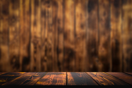 Wooden rustic background. Wooden table for objects, goods or food. Dark burnt planks texture