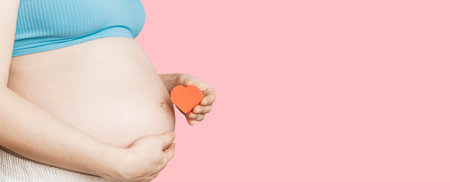 A pregnant woman after IVF holds a small red heart in her hands. The concept of motherhood,...