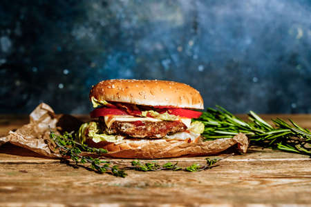 Veggie burger with falafel. Vegetarian meat, veg hamburger, vegetable cutlet backgroundの写真素材