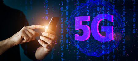 5g connect telecom banner background. Phone in hand on the background of a computer network and...
