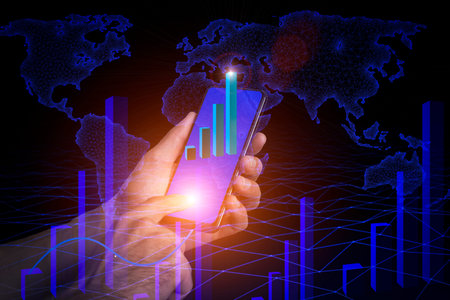 Hand with a phone on the background of 5g digital statistics, growth charts, analytics and big data....