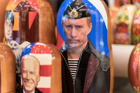 Moscow, Russia - February 26, 2022: Putin in the form of Russian nesting dolls in a gift shop in...