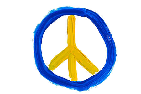 Symbol of peace in the colors of the Ukrainian flag painted with paint on a clean white background isolate. Peace to Ukraine, stop war concept.の写真素材