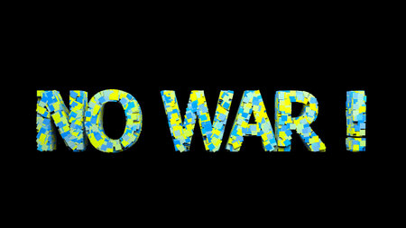 3D inscription NO WAR in the colors of the Ukrainian flag. Military conflict between Russia and Ukraine, pacifist call for peace concept