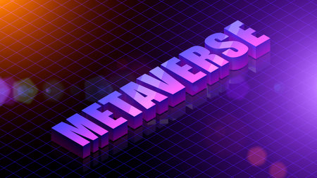 3d Metaverse inscription on a neon digital grid background. VR, nft, technology blockchain concept.の写真素材