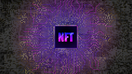 3d NFT image. Blockchain Non Fungible Token idea. Computer chip NFT on digital background....