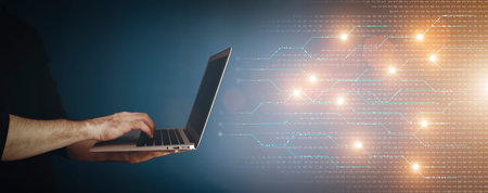 Big data technology background. Using a laptop against the background of visualization of a computer...