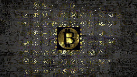 Bitcoin, cryptocurrency and mining concept. 3d Sign of bitcoin on the cpu processor of a computer in...