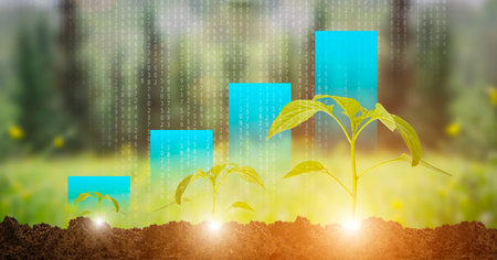 Money growth and business finance concept. Growing green plants with economic profit background.