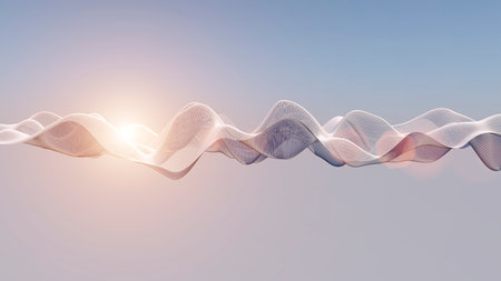 3d data abstract background. Technology digital light wave lines on soft sky backdrop. Cyber, science, network concept.の写真素材