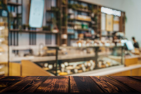 Coffee shop table background. Blurred interior cafe restaurant with wooden desk for product. Selected focusの写真素材