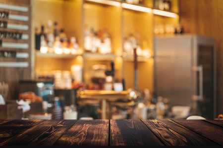 Coffee shop table background. Blurred interior cafe restaurant with wooden desk for product. Selected focusの写真素材