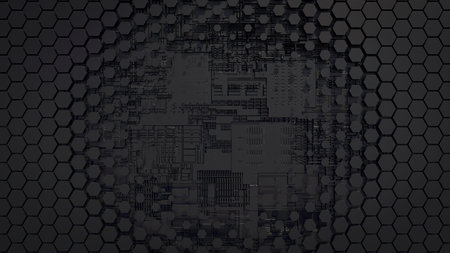 3d hexagon abstract background. Black grid honeycomb texture digital futuristic surface. Technology,...