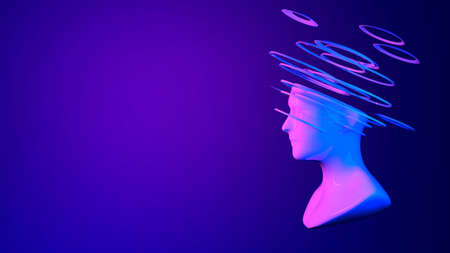 3d digital abstract human face on a dark background. Futuristic face cut into colored slices. Metaverse, artificial intelligence Ai concept.の写真素材
