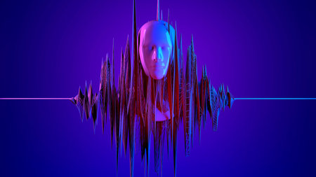 3d digital human face in abstract sound data wave flow. Futuristic had on blue background....