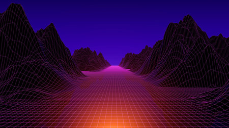 3d neon futuristic landscape with grid and mountains. Synthwave, cyberpunk, 80s game concept...