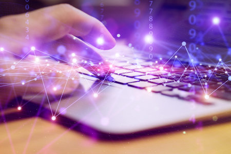 Big data technology background. Using a laptop against the background of visualization of a computer...