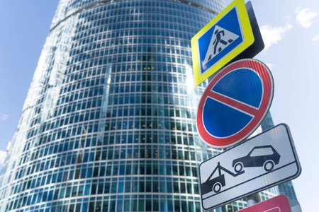 Road signs on the city street. Warnings, restrictions and regulation of the movement of vehicles....