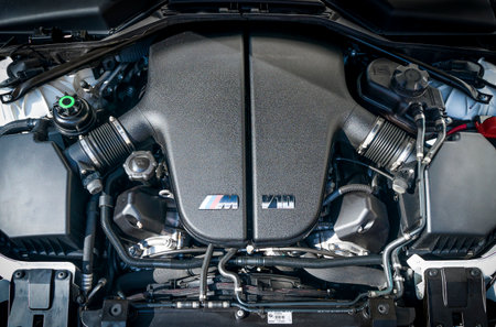 Berlin, Germany - August 14, 2022: BMW engine. Modern V10 engine in a German premium sports car. Automotive, motors, manufacturing concept.のeditorial素材